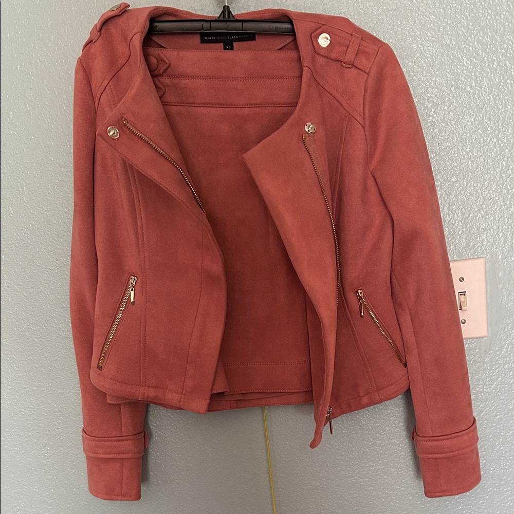 White House Black Market Rose-Toned Faux Suede Moto Jacket and Skirt Suiting